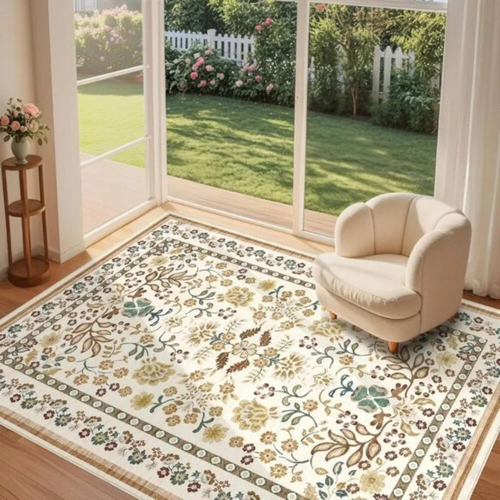 New 5x7 Brown Boho Area Rug, Washable Vintage Floral Non-Slip Low Pile Carpet
